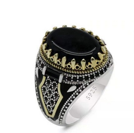 New Explosive Personality Retro Two-Color Men'S Ring, Black Agate Ring