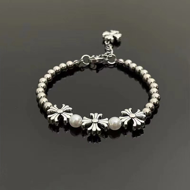 Broken Silver Cross Flower Splicing Bracelet Men'S High-End Bracelet Couple Accessories Retro Versatile Niche Hip-Hop Jewelry