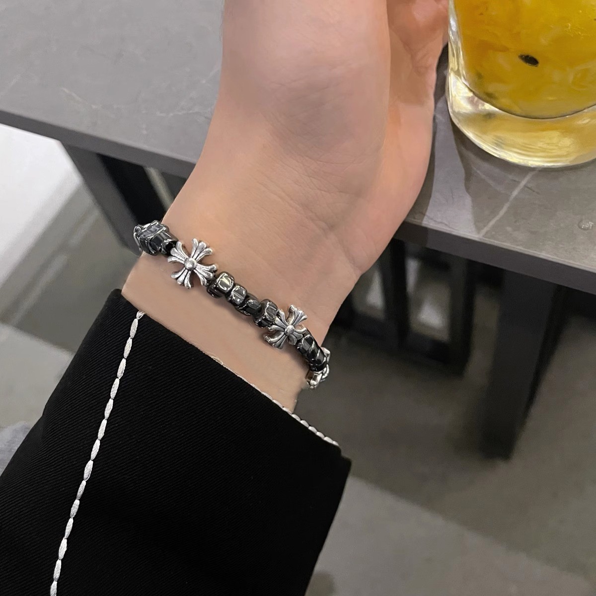 Broken Silver Cross Flower Splicing Bracelet Men'S High-End Bracelet Couple Accessories Retro Versatile Niche Hip-Hop Jewelry
