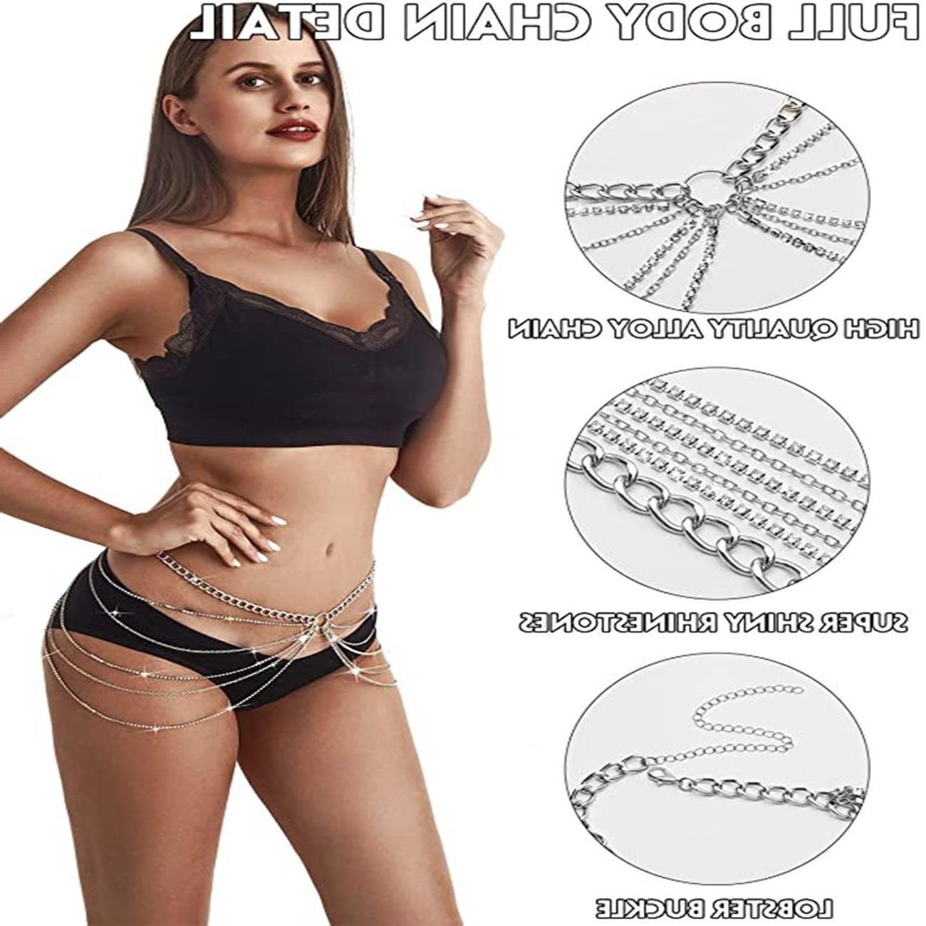 Sexy Geometric U-Shaped Body Chain, Exaggerated Personality Multi-Layer Rhinestone Chain, Fringed Waist Chain For Women
