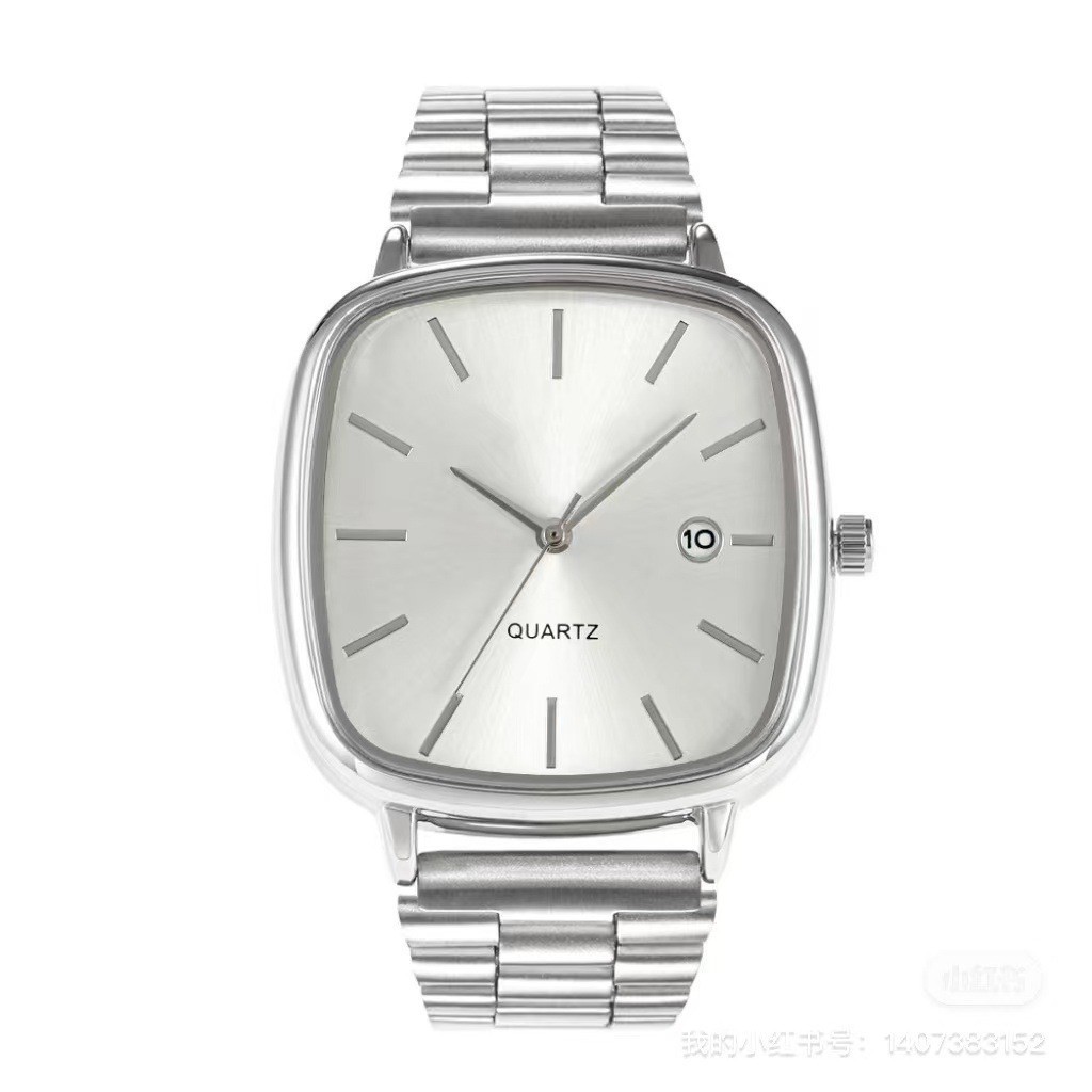 Steel Belt Watch Retro Silver Real Calendar Square Watch Premium Sense Men'S And Women'S Commuting Gold Brick Quartz