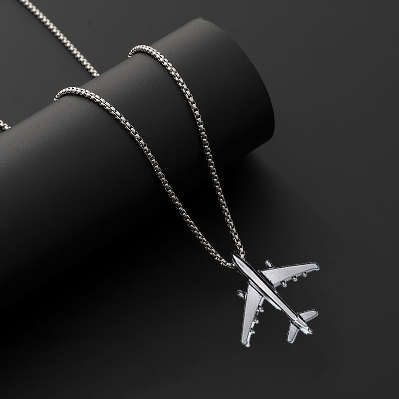 Hip Hop Plane Pendant Titanium Steel Necklace Men'S Simple Fashion Versatile Neck Chain Hiphop Personality Women'S Long Sweater Chain
