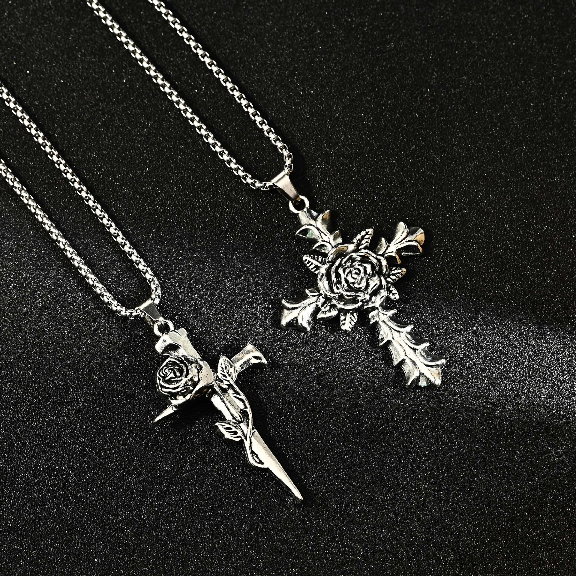 Rose Cross Long Necklace Men'S Hip Hop Fashion Versatile Sweater Chain