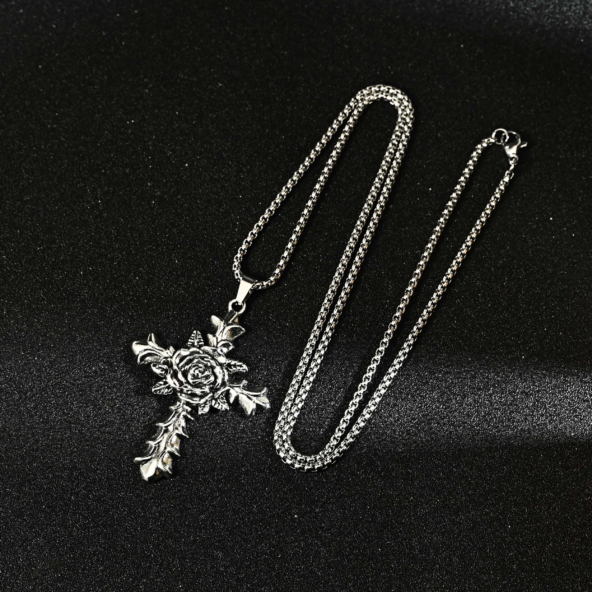 Rose Cross Long Necklace Men'S Hip Hop Fashion Versatile Sweater Chain