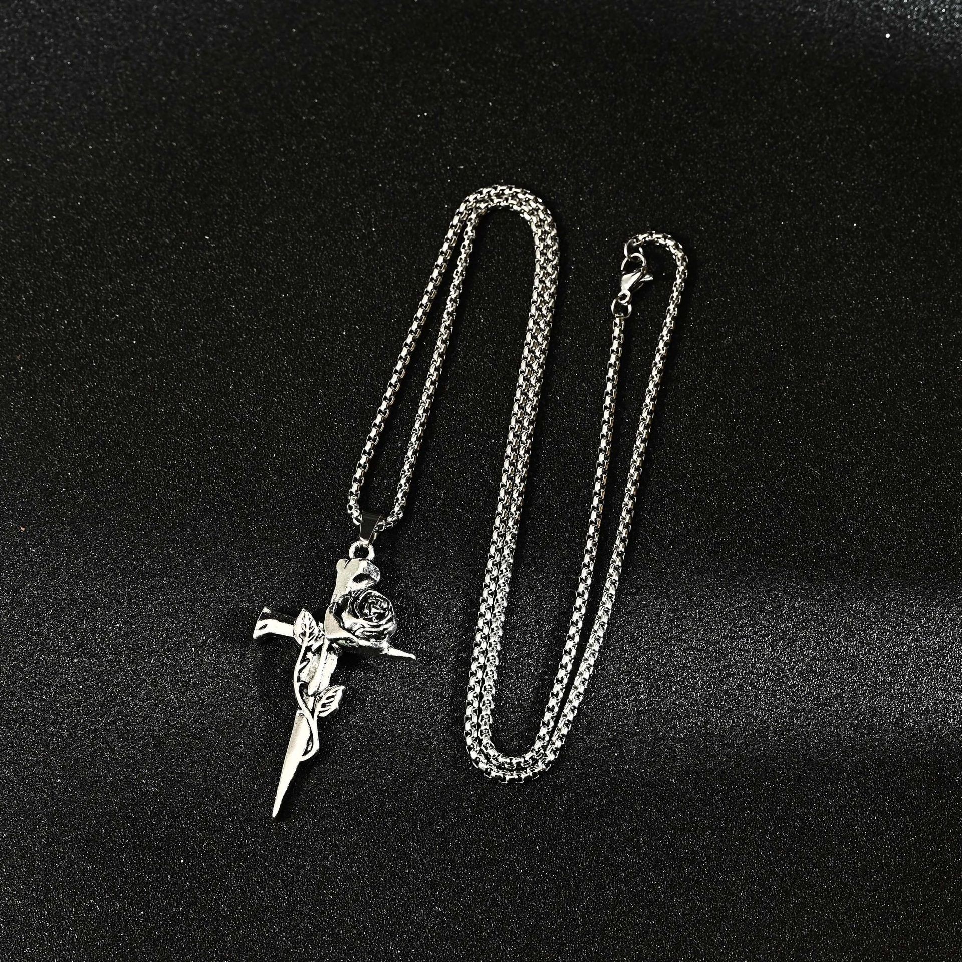 Rose Cross Long Necklace Men'S Hip Hop Fashion Versatile Sweater Chain