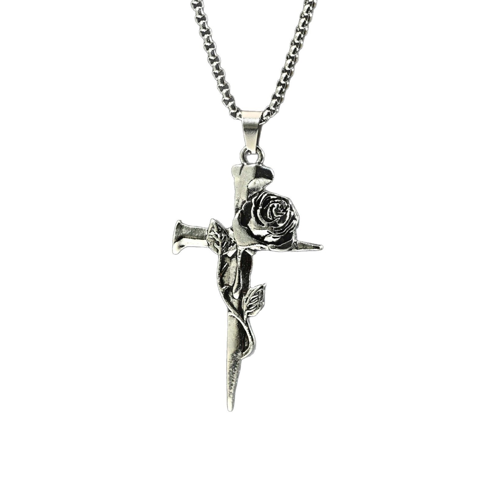 Rose Cross Long Necklace Men'S Hip Hop Fashion Versatile Sweater Chain