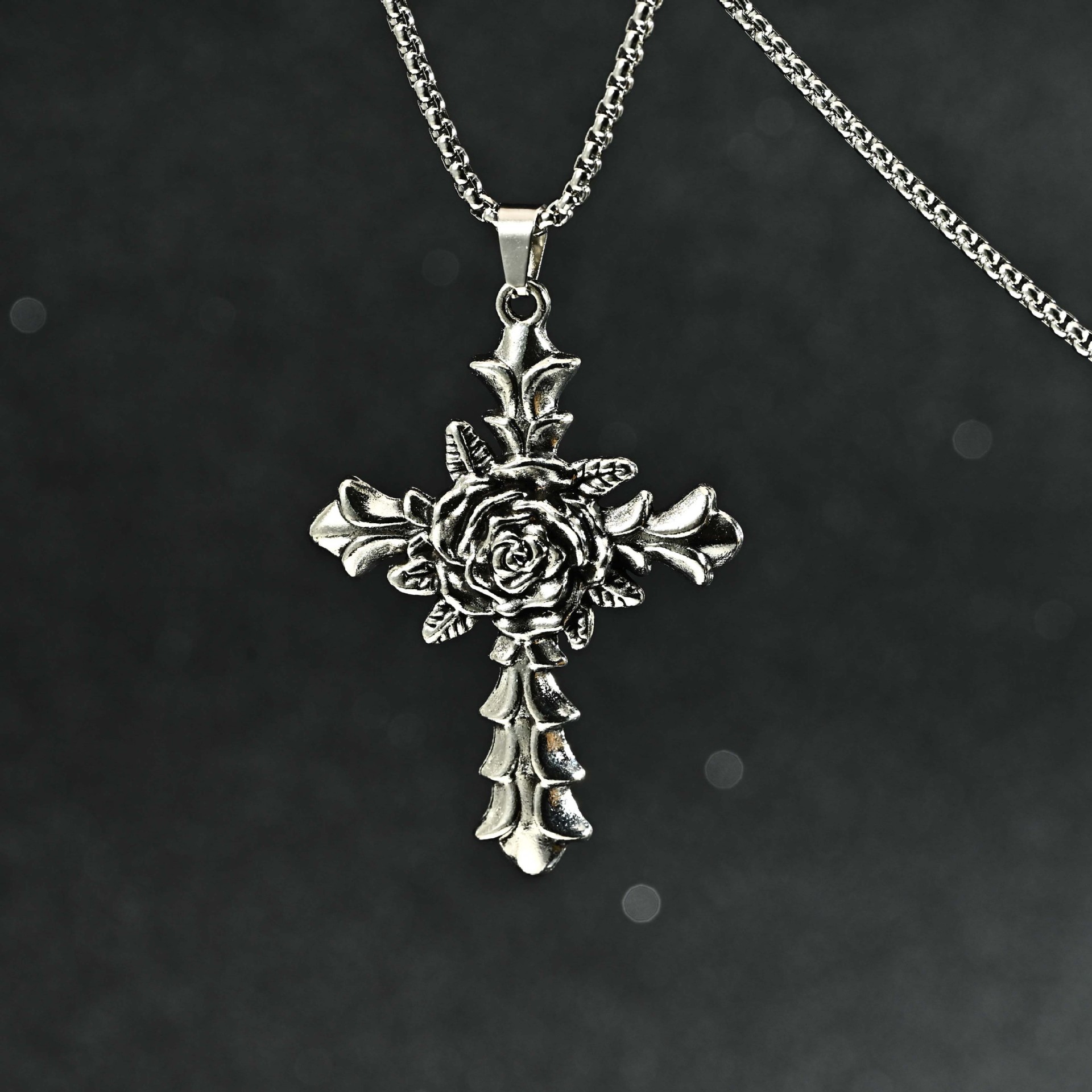 Rose Cross Long Necklace Men'S Hip Hop Fashion Versatile Sweater Chain