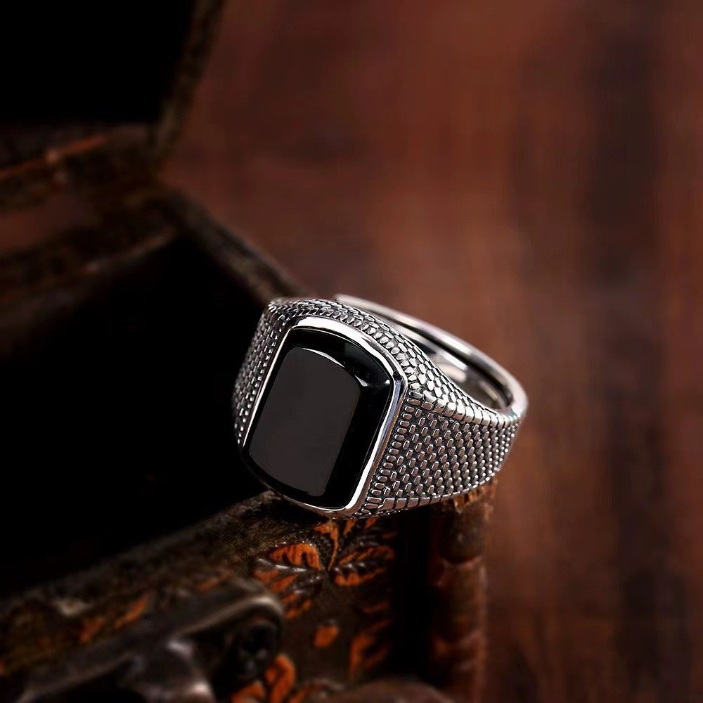 Retro And Old Imitation Black Agate Ring For Men'S Trendy Classic Wide-Sided Adjustable Personality Trendy Thai Silver Single Ring For Men