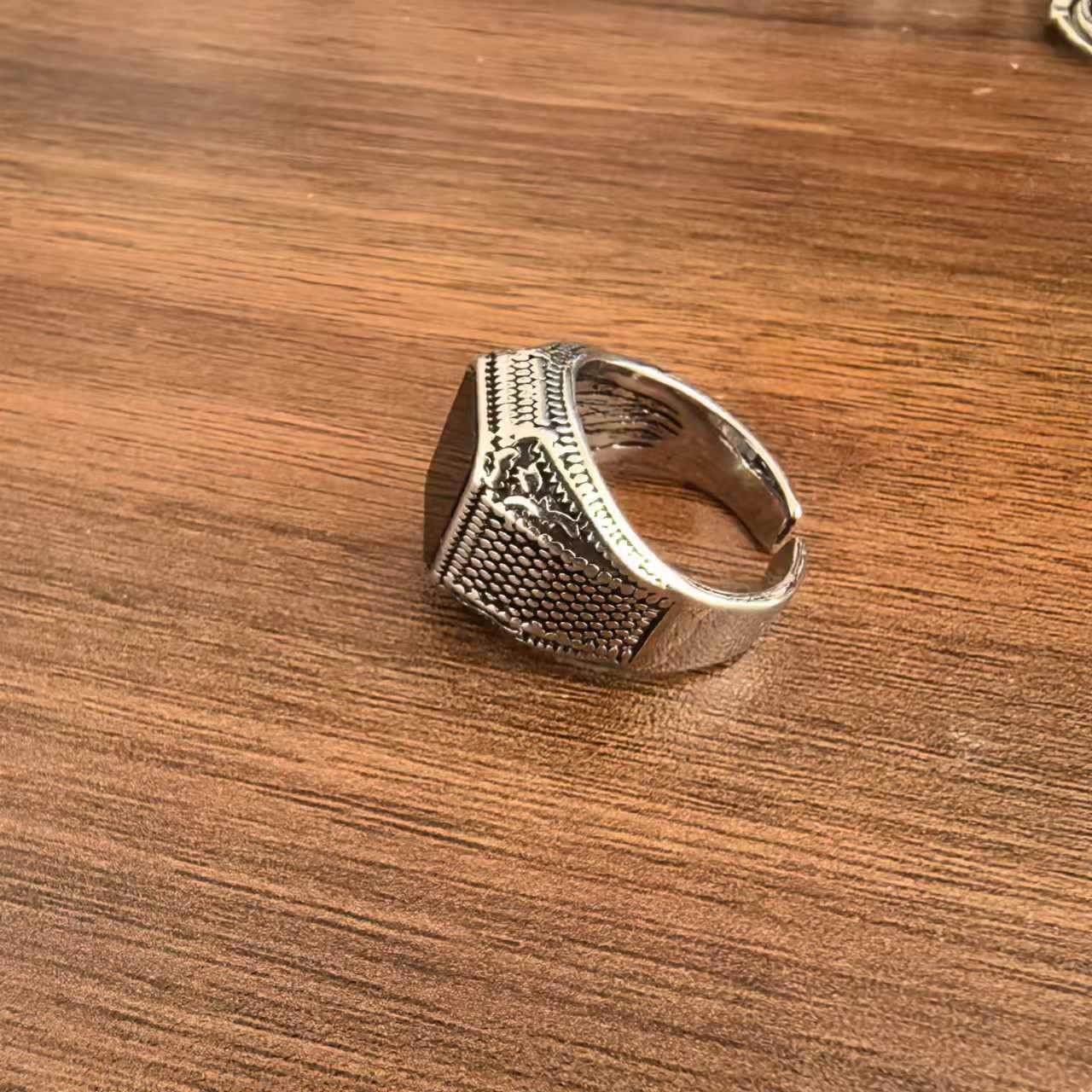 Retro And Old Imitation Black Agate Ring For Men'S Trendy Classic Wide-Sided Adjustable Personality Trendy Thai Silver Single Ring For Men