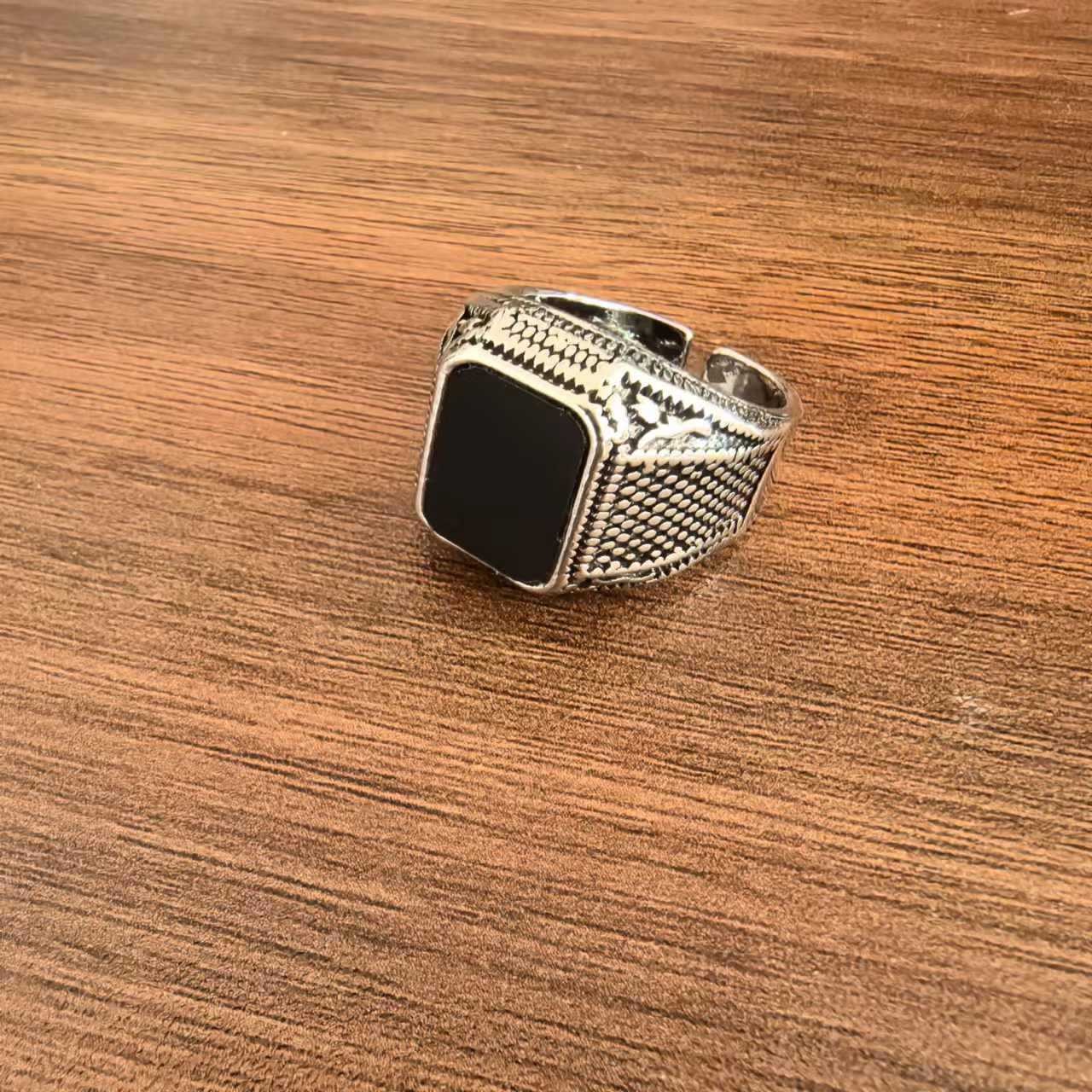 Retro And Old Imitation Black Agate Ring For Men'S Trendy Classic Wide-Sided Adjustable Personality Trendy Thai Silver Single Ring For Men