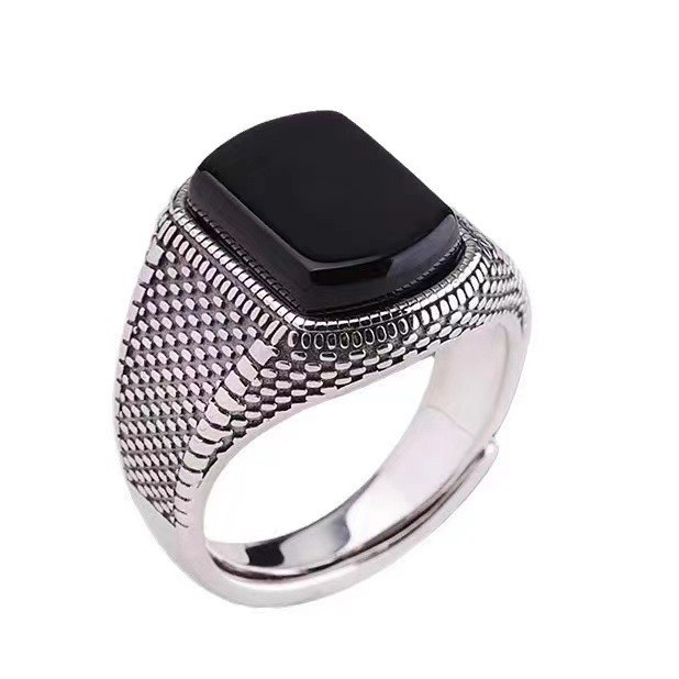 Retro And Old Imitation Black Agate Ring For Men'S Trendy Classic Wide-Sided Adjustable Personality Trendy Thai Silver Single Ring For Men