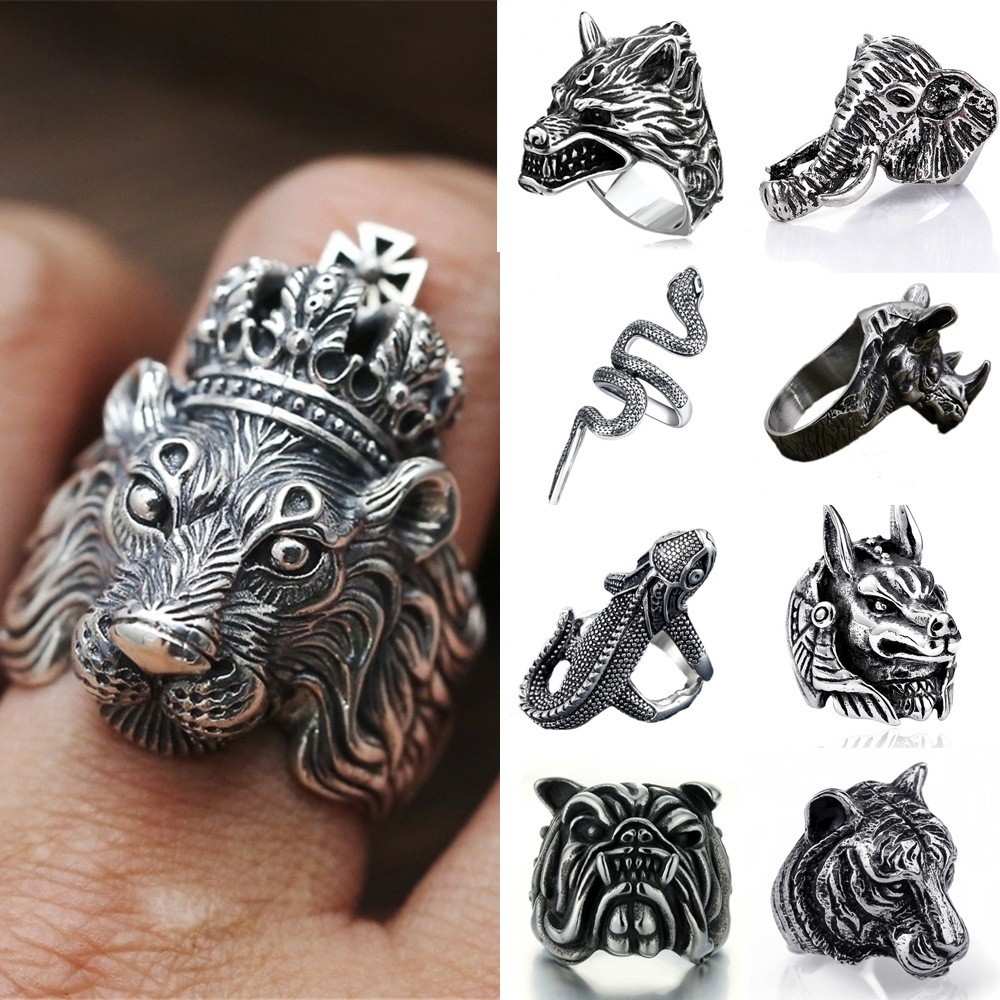 Vintage Punk Snake Ring Lizard Dog Pharaoh Open Ring Adjustable Cross Crown Lion Head Ring