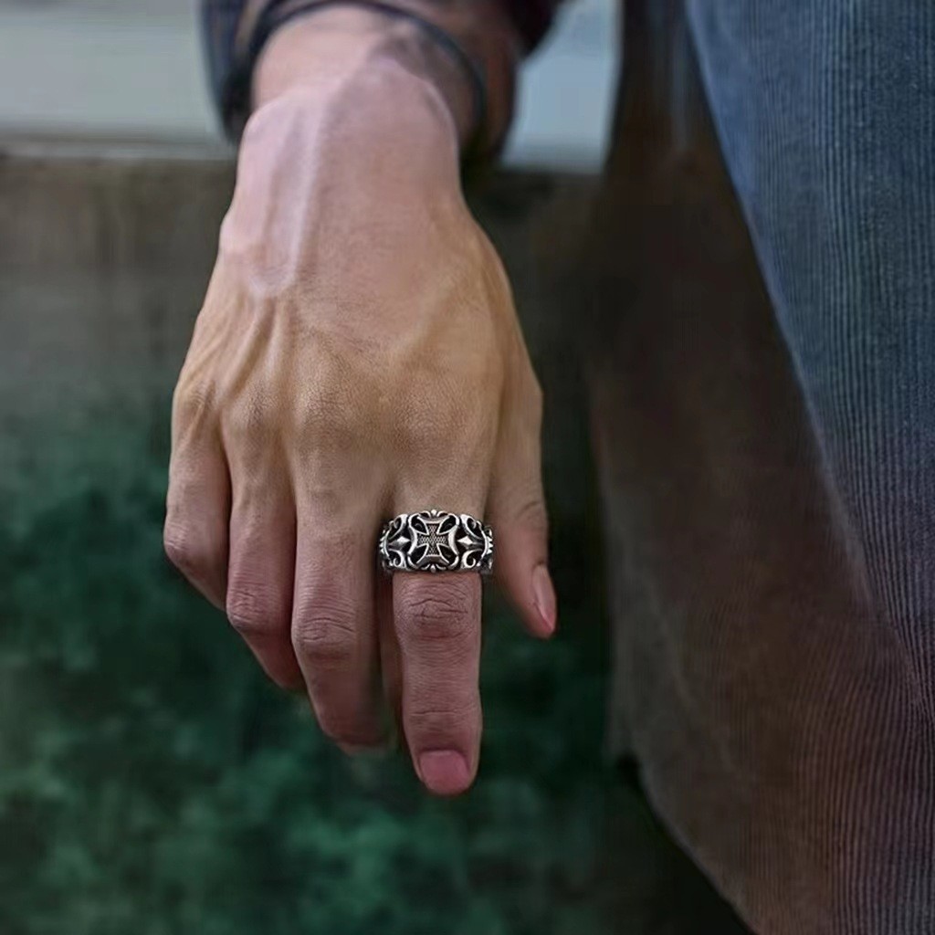 Vintage Thai Silver Plated Cross Anchor Ring Male Personality Hip Hop Punk Tide Men'S Old Live Ring