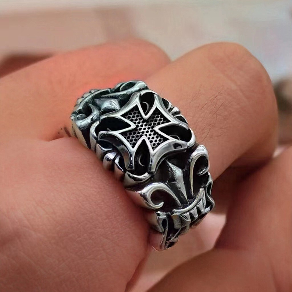 Vintage Thai Silver Plated Cross Anchor Ring Male Personality Hip Hop Punk Tide Men'S Old Live Ring