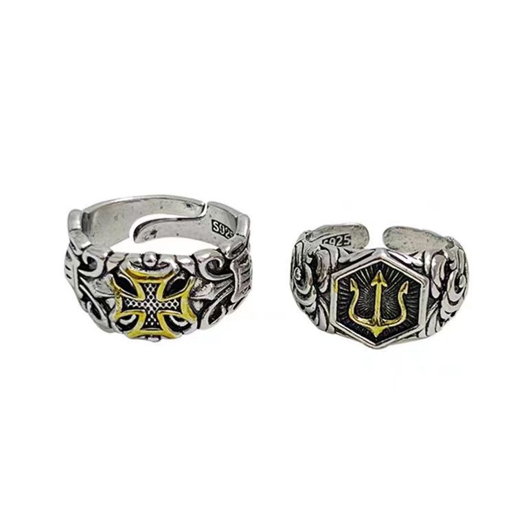 Vintage Thai Silver Plated Cross Anchor Ring Male Personality Hip Hop Punk Tide Men'S Old Live Ring