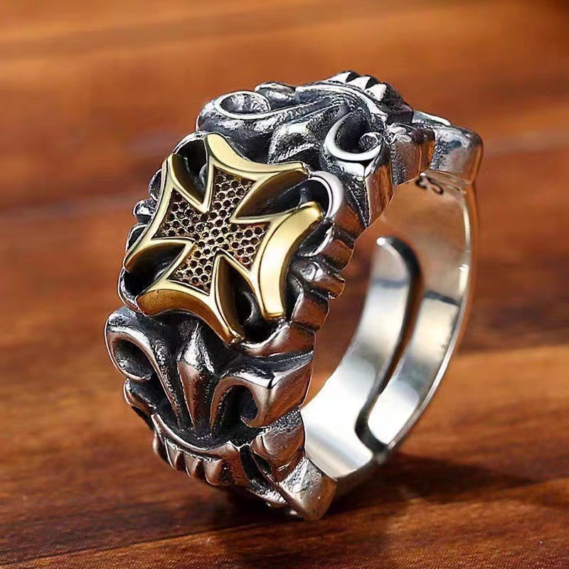 Vintage Thai Silver Plated Cross Anchor Ring Male Personality Hip Hop Punk Tide Men'S Old Live Ring