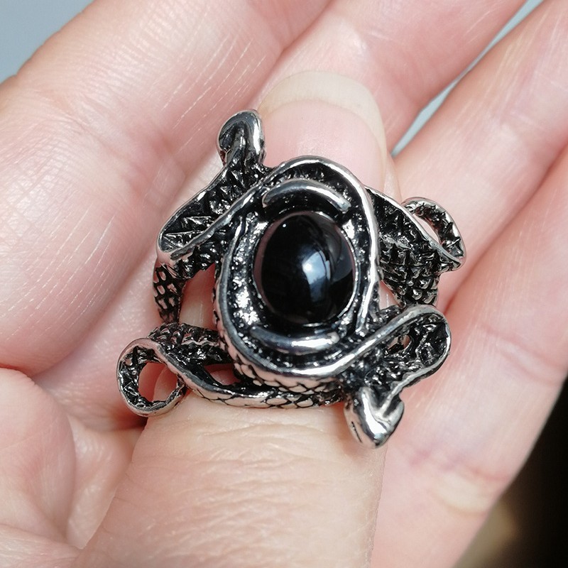 Fashion Personality Punk Vintage Black Gemstone Snake Ring Men'S Ring