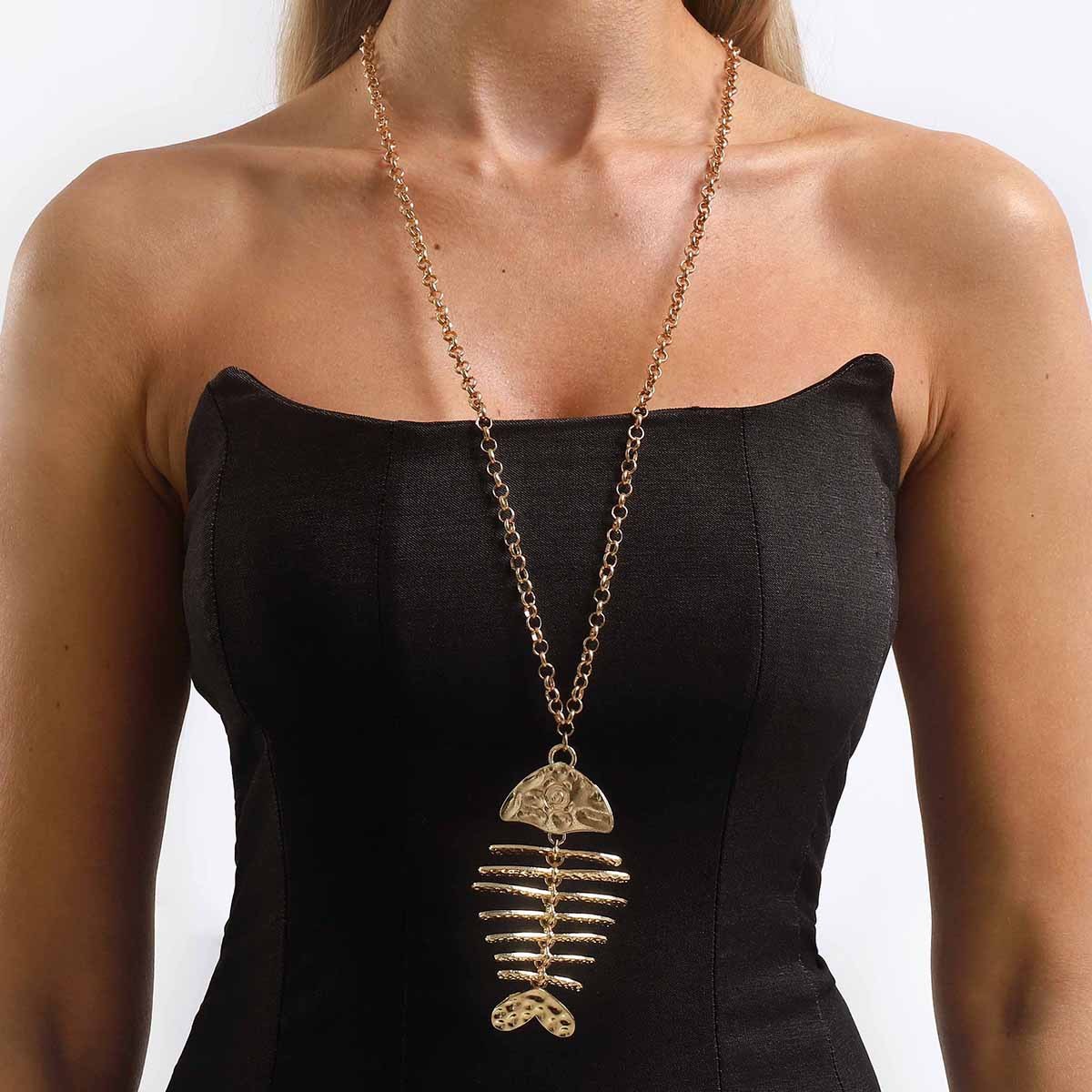 Fashion Design Fish Bone Pendant Long Necklace, Simple Personality Niche Small Fish Iron Chain Sweater Chain