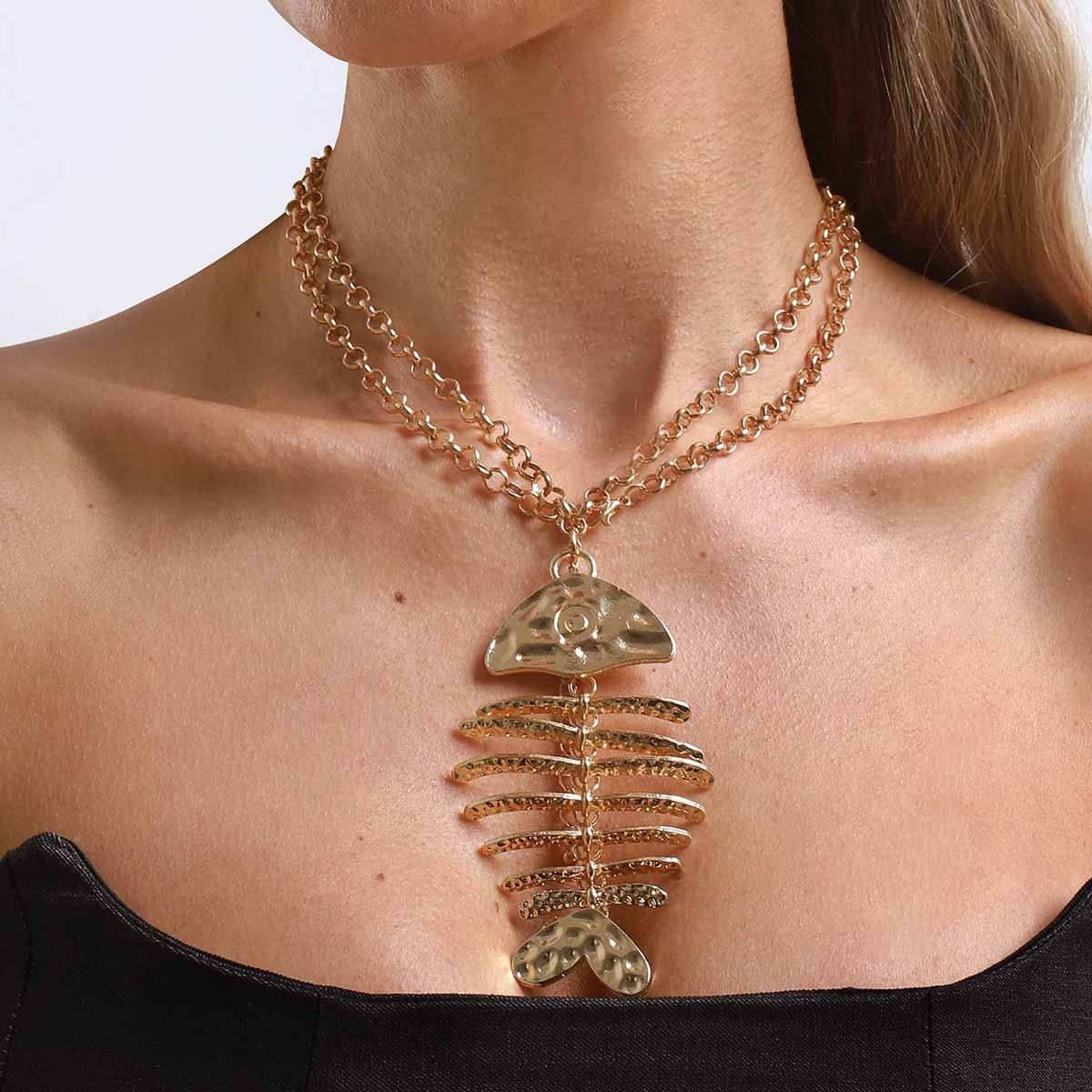 Fashion Design Fish Bone Pendant Long Necklace, Simple Personality Niche Small Fish Iron Chain Sweater Chain
