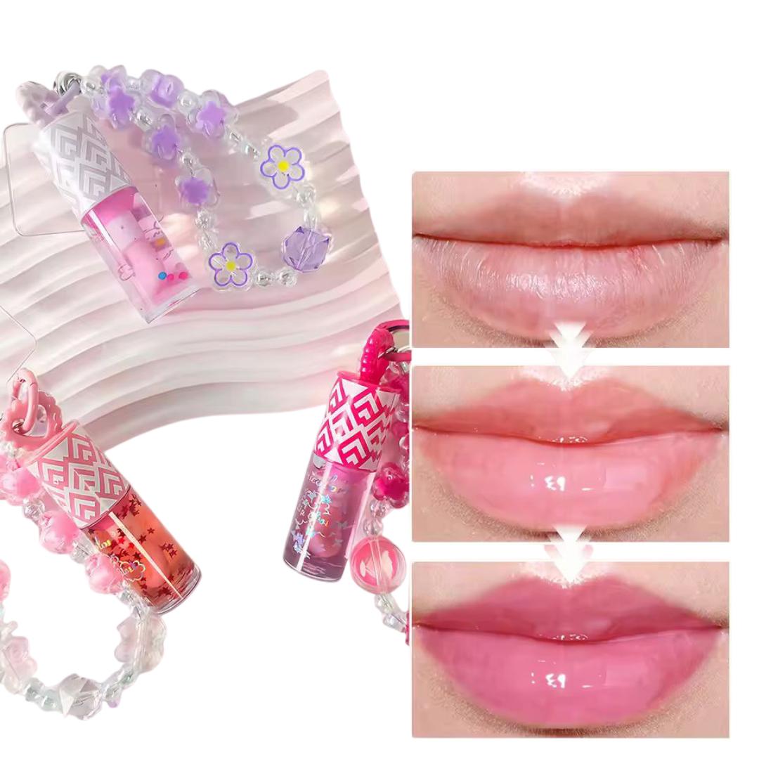 Phone charm with phone lanyard and a portable pendant lip gloss, Butterfly Heart Moisturizing Lip Oil, Cute Daily Warm-Tone Color-Changing Star Glitter Gel Lip Gloss, Portable Hanging Design.