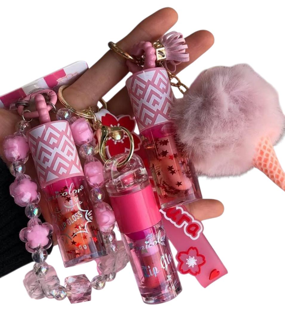 Phone charm with phone lanyard and a portable pendant lip gloss, Butterfly Heart Moisturizing Lip Oil, Cute Daily Warm-Tone Color-Changing Star Glitter Gel Lip Gloss, Portable Hanging Design.