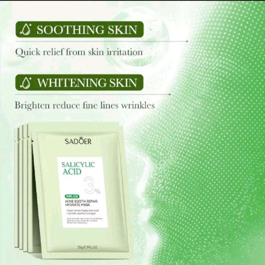 10 PIECES Sadoer Salicylic Acid Sheet Mask Pack Anti Acne Soothing Repair Hydrating Facial Mask Wholesale Price SADOER Acne Removing Control Soothing Repairing Moisturizing Face Mask