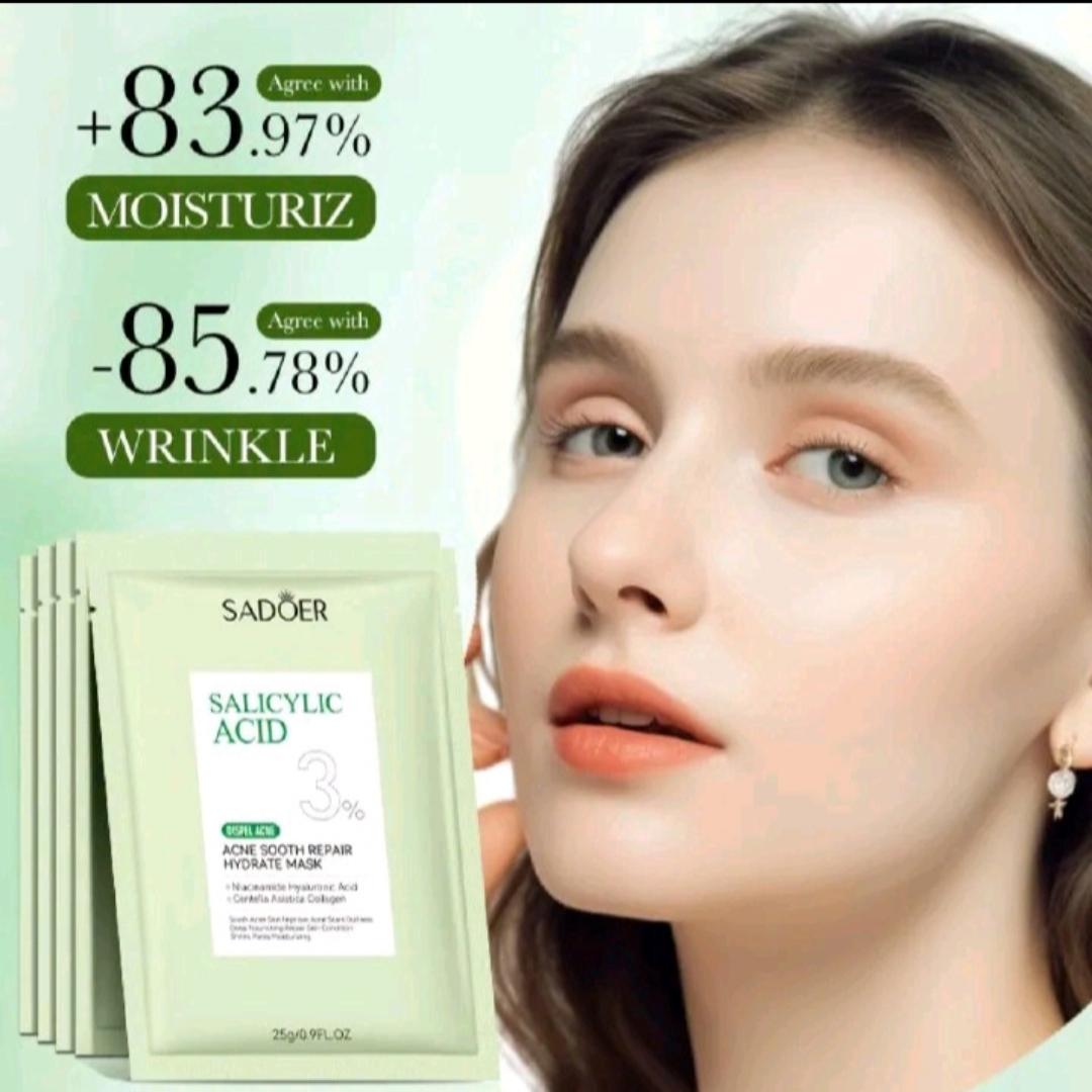 10 PIECES Sadoer Salicylic Acid Sheet Mask Pack Anti Acne Soothing Repair Hydrating Facial Mask Wholesale Price SADOER Acne Removing Control Soothing Repairing Moisturizing Face Mask