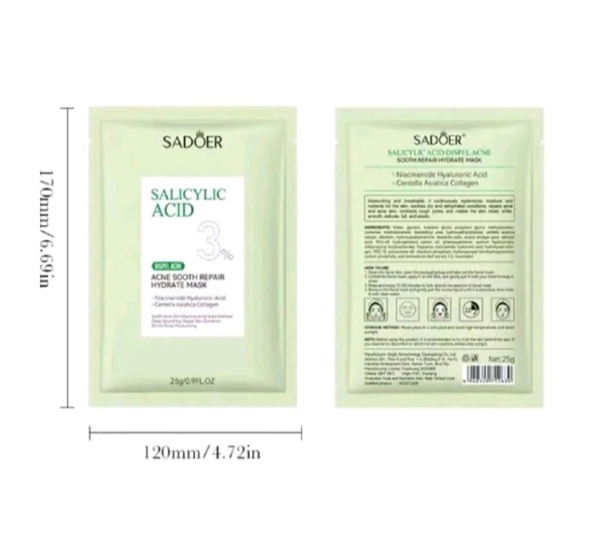 10 PIECES Sadoer Salicylic Acid Sheet Mask Pack Anti Acne Soothing Repair Hydrating Facial Mask Wholesale Price SADOER Acne Removing Control Soothing Repairing Moisturizing Face Mask