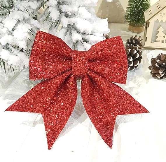 Christmas Bows, Wreaths Bows, Christmas Tree Glitter Bow, Gold Silver Red Xmas Decorative Bows for Christmas Party Wedding Decoration, 5.9 x 4.7 Inches