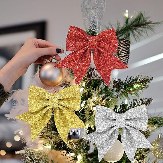Christmas Bows, Wreaths Bows, Christmas Tree Glitter Bow, Gold Silver Red Xmas Decorative Bows for Christmas Party Wedding Decoration, 5.9 x 4.7 Inches