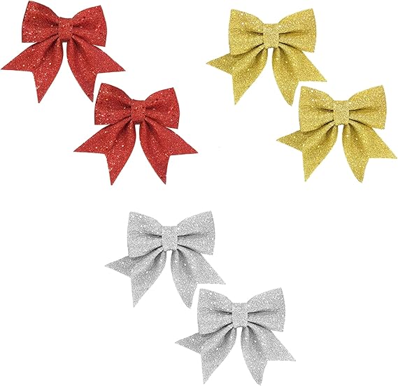 Christmas Bows, Wreaths Bows, Christmas Tree Glitter Bow, Gold Silver Red Xmas Decorative Bows for Christmas Party Wedding Decoration, 5.9 x 4.7 Inches