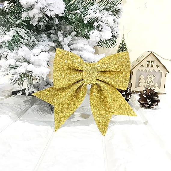 Christmas Bows, Wreaths Bows, Christmas Tree Glitter Bow, Gold Silver Red Xmas Decorative Bows for Christmas Party Wedding Decoration, 5.9 x 4.7 Inches