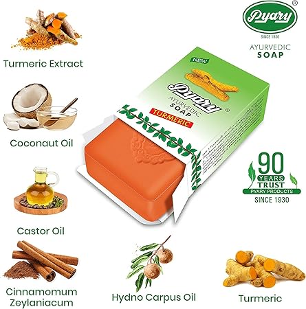 Pyary Ayurvedic Turmeric Soap is a natural and herbal soap made from pure coconut oil and enriched with the goodness of turmeric. This unique soap is formulated to provide deep cleansing