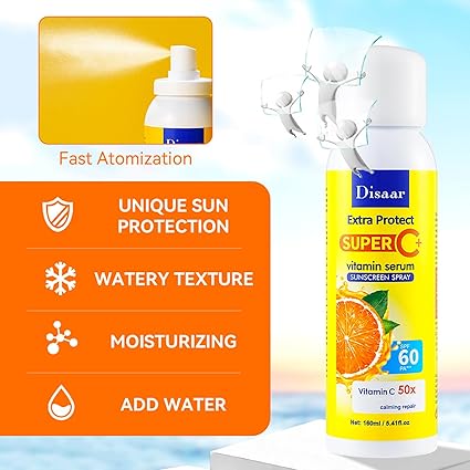 DISAAR BEAUTY SPF 60 PA+++ Vitamin C Serum Sunscreen Spray Calming Repair UVA/UVB Extra Protect Hydrates Orange Extract 160ml / 5.41fl.oz