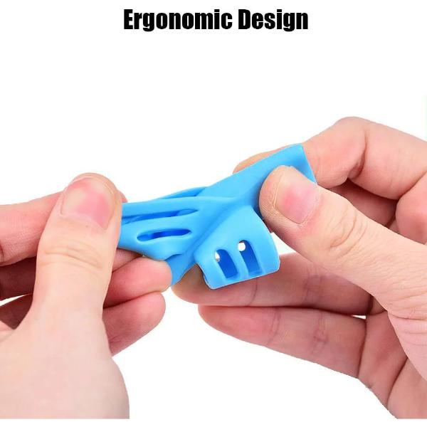 Pencil Gripper: A two-finger grip silicone holder for babies that aids in posture correction and writing. Made from soft, non-toxic, and 100% safe silicone.