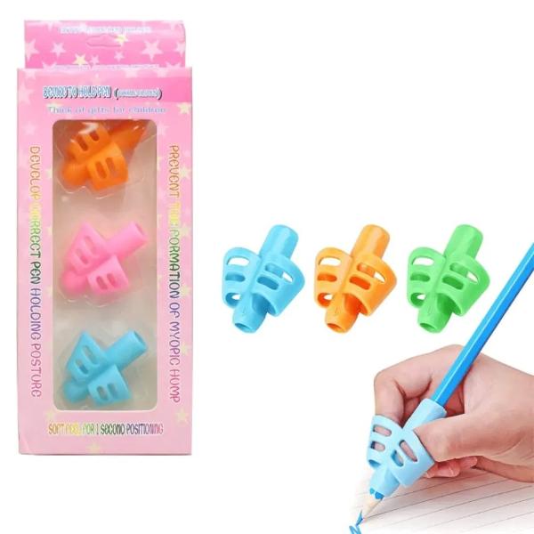 Pencil Gripper: A two-finger grip silicone holder for babies that aids in posture correction and writing. Made from soft, non-toxic, and 100% safe silicone.