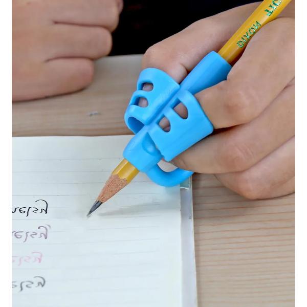 Pencil Gripper: A two-finger grip silicone holder for babies that aids in posture correction and writing. Made from soft, non-toxic, and 100% safe silicone.