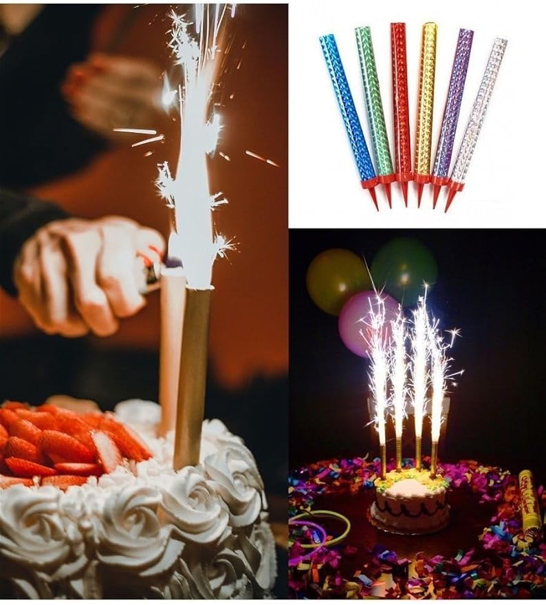 6 Pcs Colorful Sparkling Candles with Holders, Party and Birthday Candles, Fountain Candles for Birthday Cakes, Suitable for All Occasions and Celebrations, (20cm) Multi-Color.