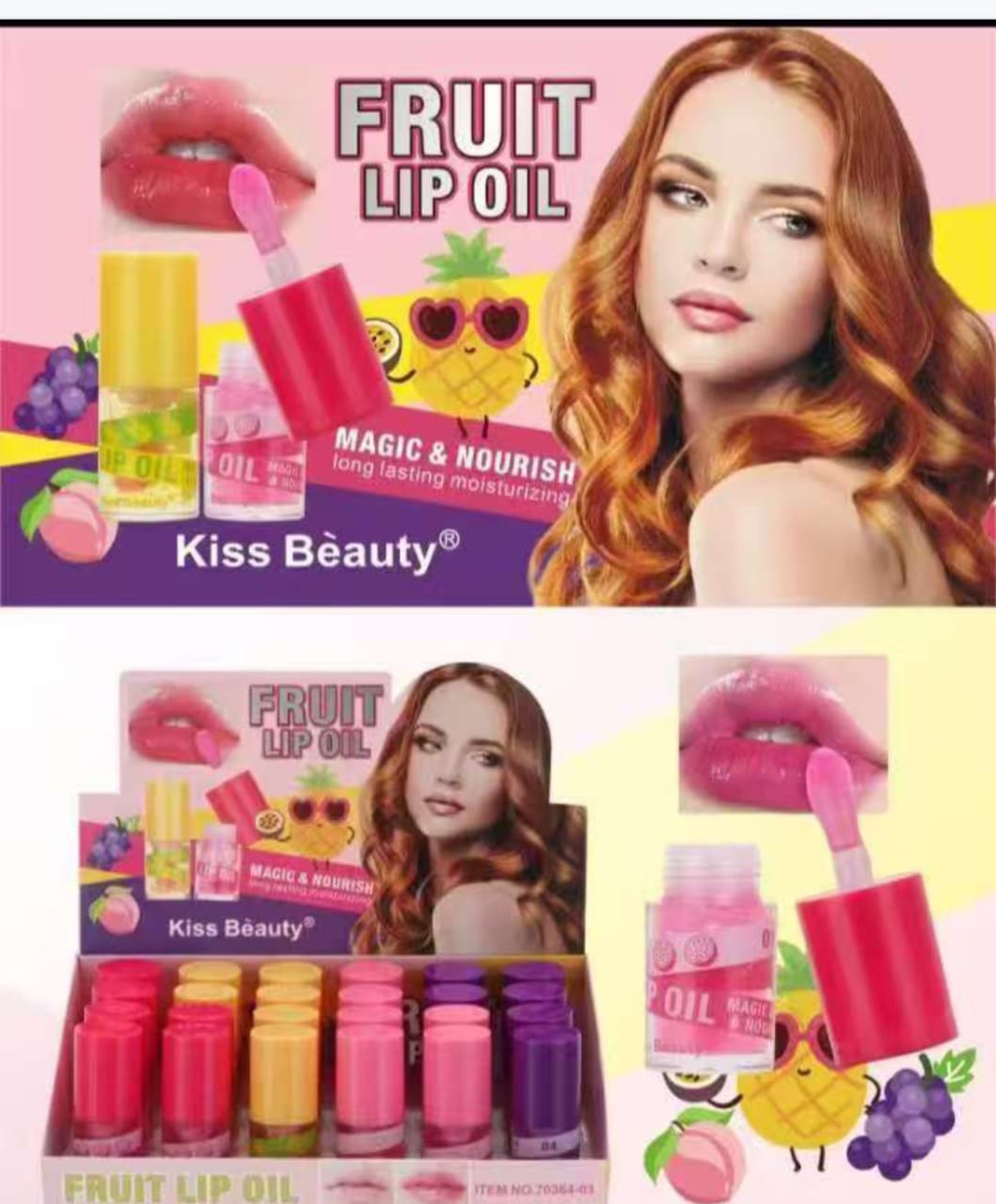Kiss Beauty Fruit Lip Oil with a stunning pink tint. Indulge your lips. Experience nourishing hydration and a beautiful, vibrant finish that enhances your natural beauty!