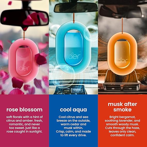 Aer O – Hanging Car Air Freshener – Rose Blossom, Cool Aqua, Musk After Smoke & Value Pack of 3 (22.5g) | Gel Lasts Up to 30 Days | Car Accessories