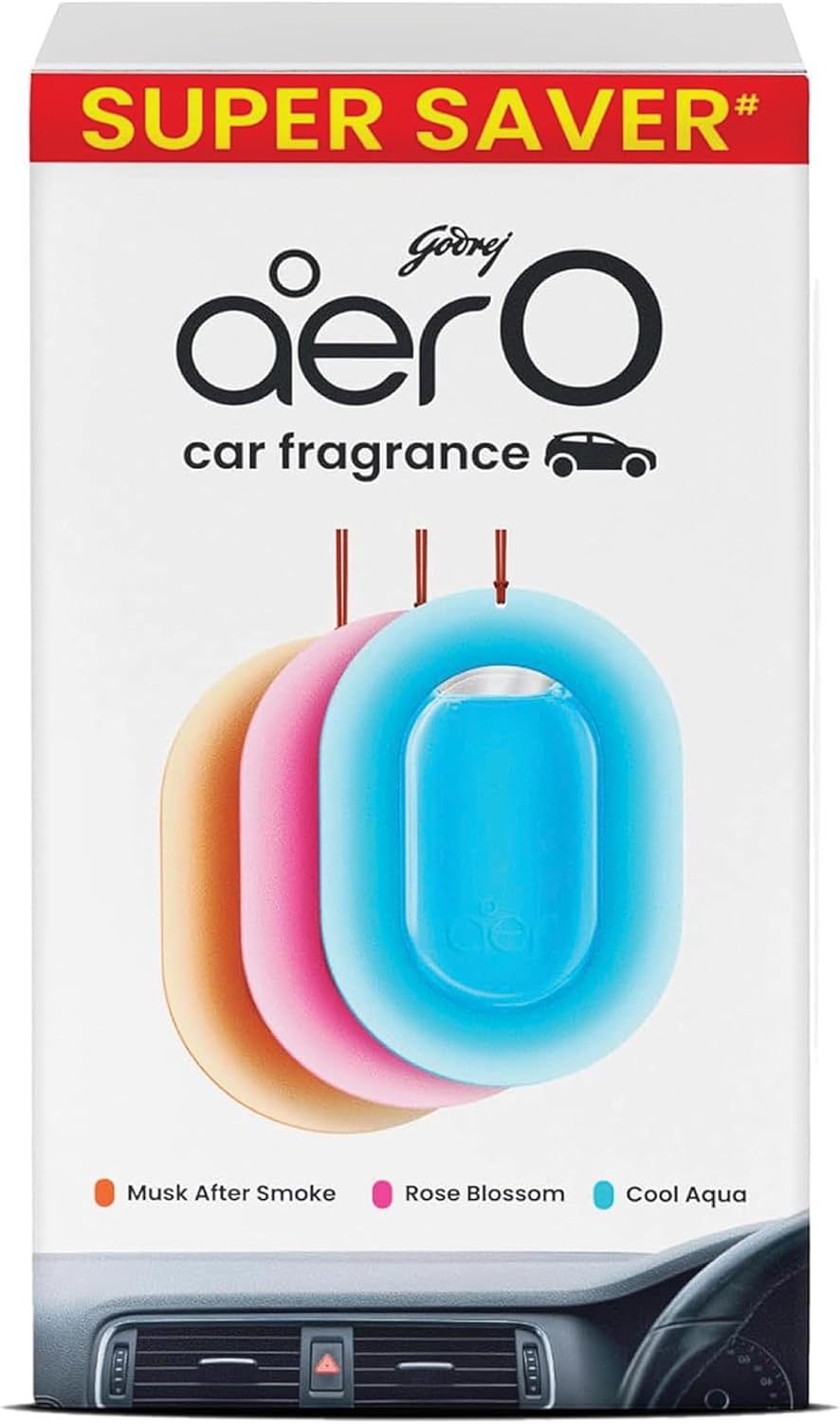 Aer O – Hanging Car Air Freshener – Rose Blossom, Cool Aqua, Musk After Smoke & Value Pack of 3 (22.5g) | Gel Lasts Up to 30 Days | Car Accessories