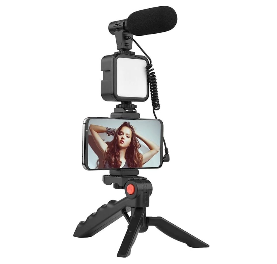 Camera Video Recording / Making Kit with Microphone, Mini Tripod, LED Light and Phone Holder Clip for Making Videos