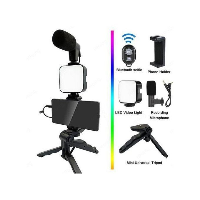 Camera Video Recording / Making Kit with Microphone, Mini Tripod, LED Light and Phone Holder Clip for Making Videos