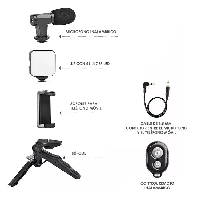Camera Video Recording / Making Kit with Microphone, Mini Tripod, LED Light and Phone Holder Clip for Making Videos