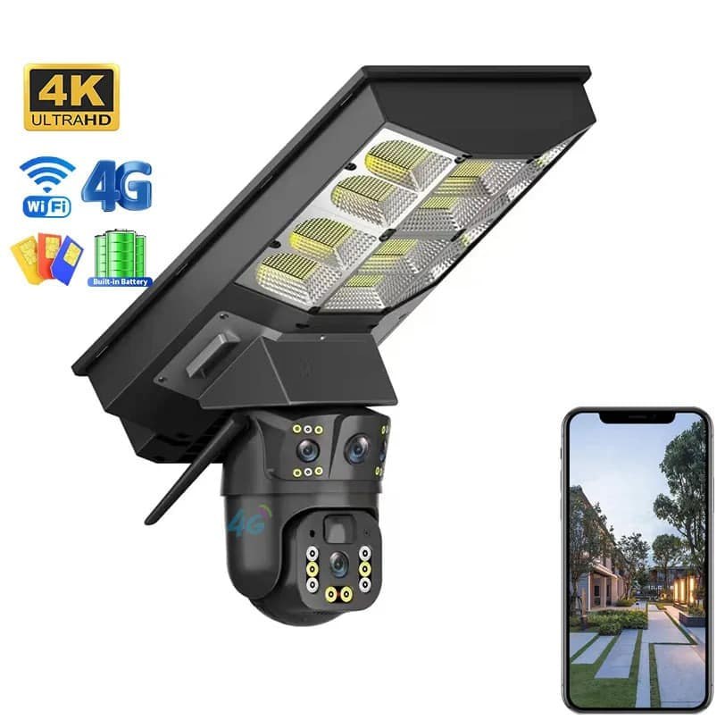 Solar Street Light with V380 4G (simcard)10X Dual-lens Monitoring HD Camera, Memory:128GB SD Card