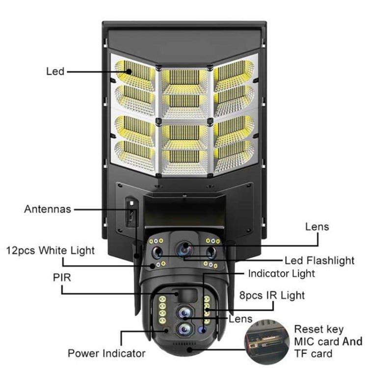 Solar Street Light with V380 4G (simcard)10X Dual-lens Monitoring HD Camera, Memory:128GB SD Card