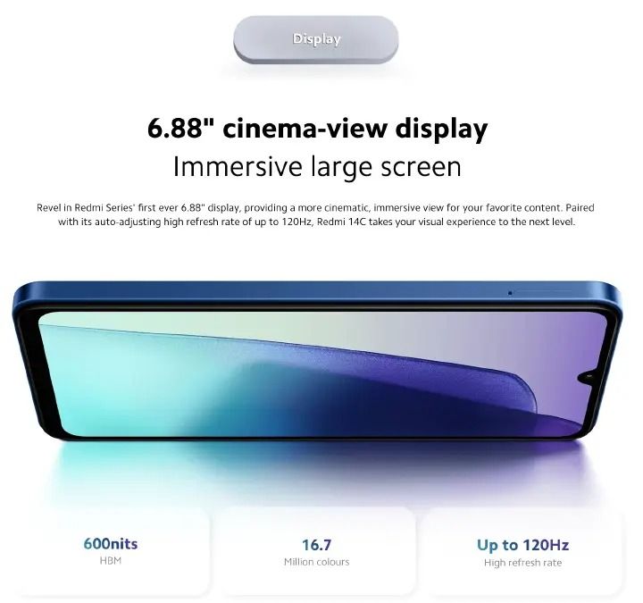 XIAOMI Redmi 14C 128GB Storage Up to 8GB Ram 50MP AI Dual Camera Immersive 6.88" HD+ Display Up to 120Hz Refresh Rate Dual Sim 5160mAh Type Battery Elegant Glass Back Cover Smart Phone