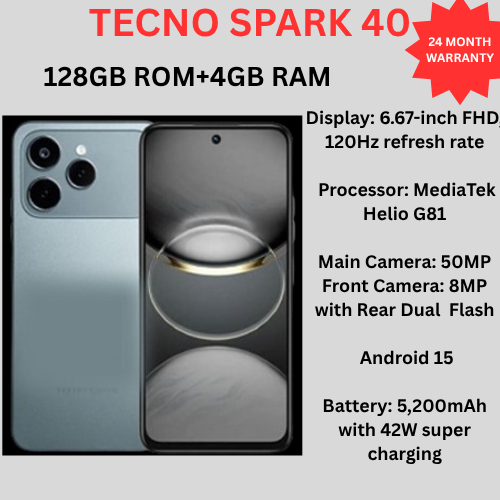 New Tecno Spark 40 AI Phone 128GB + 8GB(4+4) 6.67'' Hole Screen 50MP Main Camera 8MP Front Camera 45W Super Charging 5200mAh BatterySide Fingerprint Infrared Remote Control Free Cover IP64 smartphones