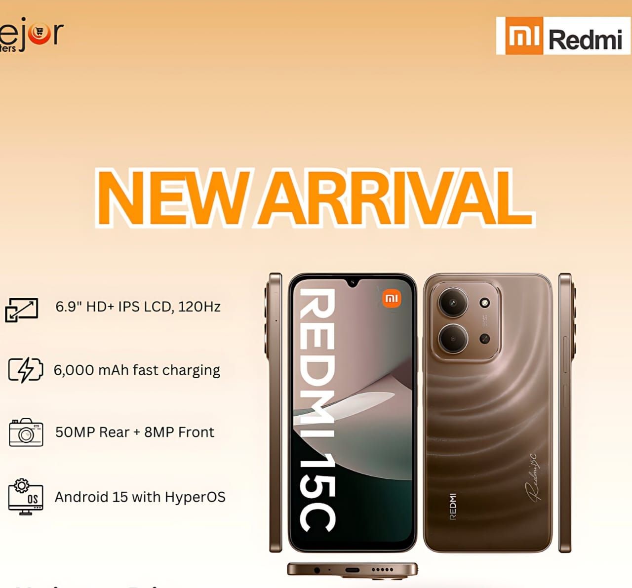 REDMI 15C 6.9 INCHES 4GB RAM, 128 GB ROM, 6000mAh Battery with Side-mounted Fingerprint unlock, 50 MP Rear Camera 8 MP Front Camera SMARTPHONE with FREE GIFTS!!!