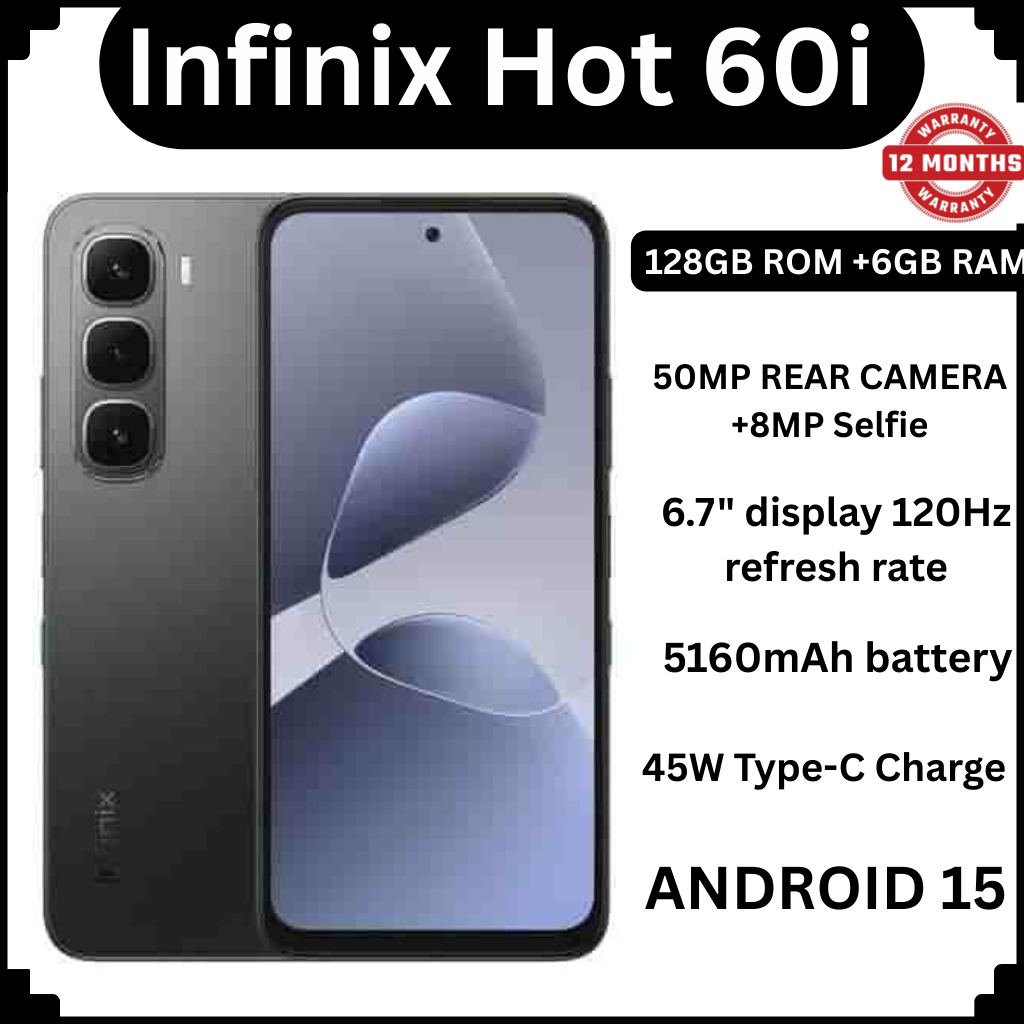 Infinix Hot 60i 128GB+12(6+6)GB 6.7" 120Hz Screen 4G Phone Dual SIM 5160mAh Battery 45W Charging 50MP Camera Fingerprint Lock Android 15 G81 Smart AI Phones